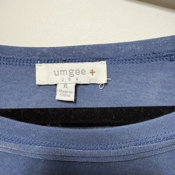 UMGEE Blue Cream Multi BOHO PRINTs Knit Fringe Lace Trim Top XL - Picture 3 of 5